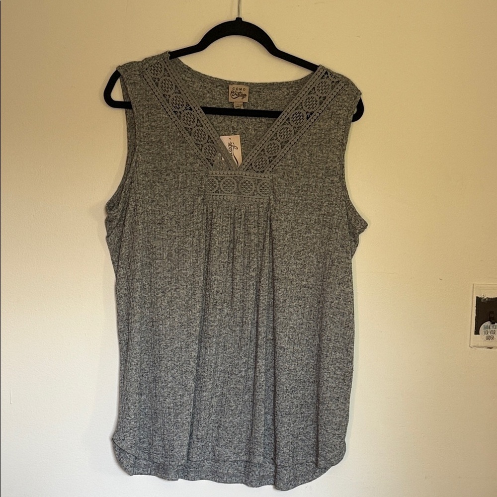 Como Vintage Gray Tank Top with Lace Trim